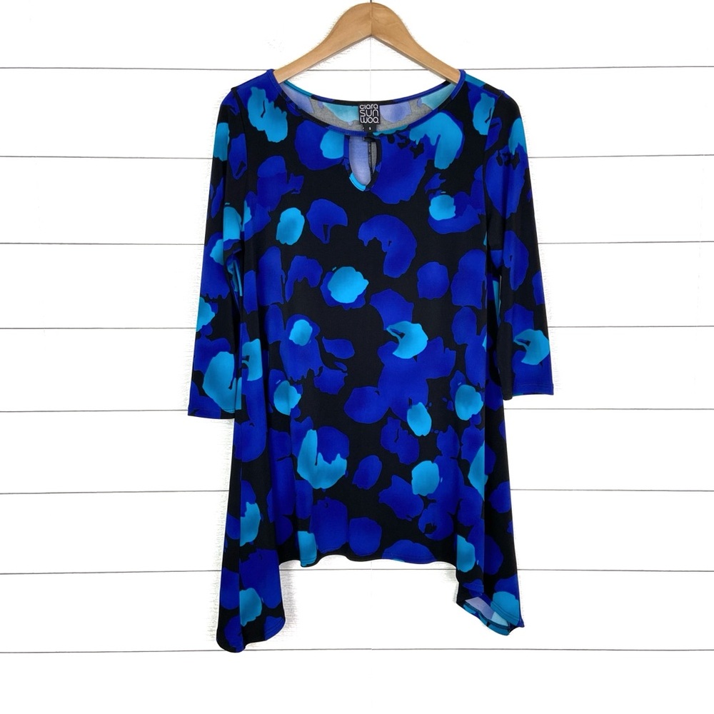 CLARA SUNWOO Blue Print Blouse Keyhole Asymmetric Small Stretch Knit